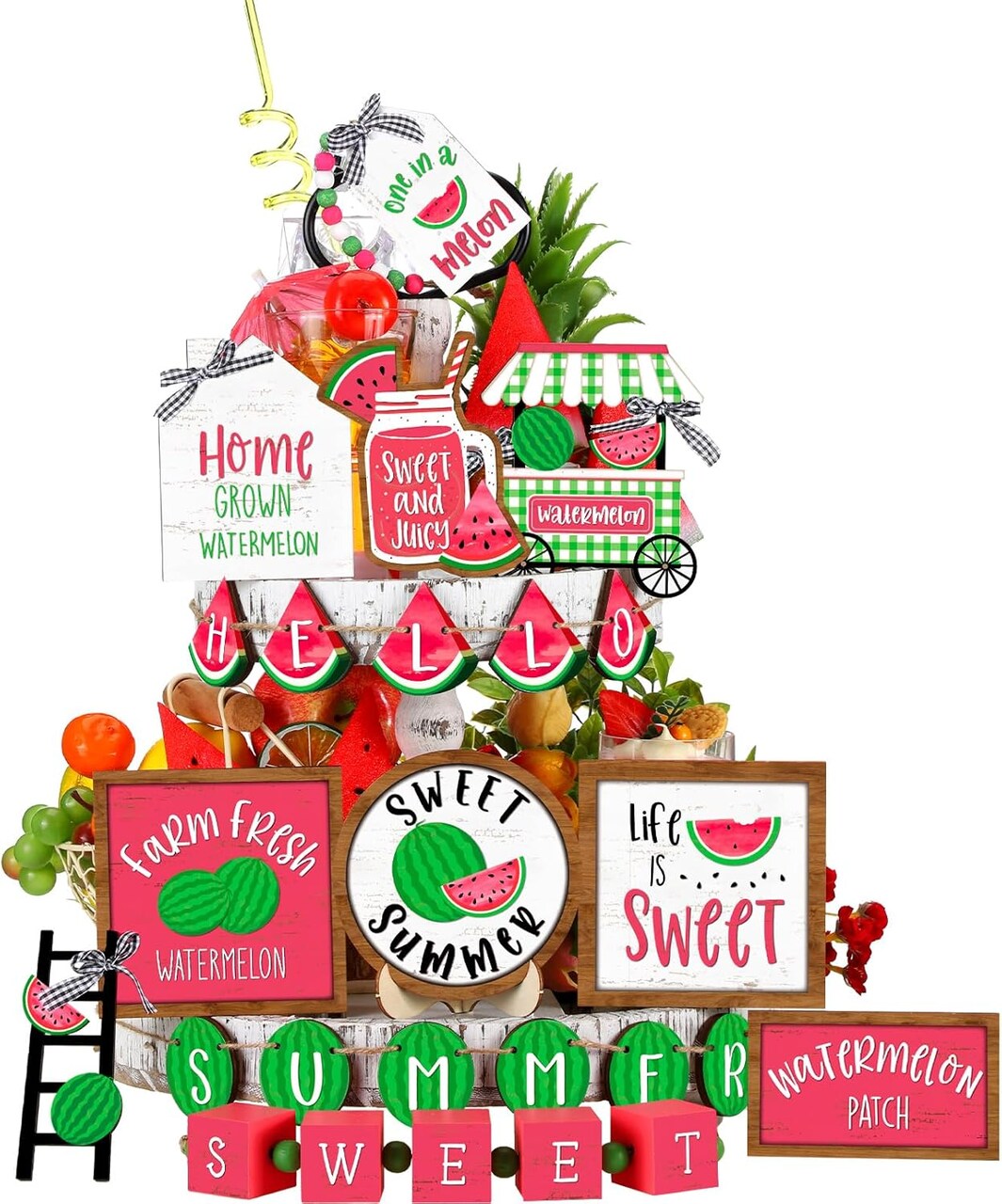 21 Pcs Summer Tiered Tray Decor Watermelon Tiered Tray Decorations Set Hello Summer Wooden Sign Farmhouse Watermelon Table Decorations for Home Kitchen Shelf Tabletop